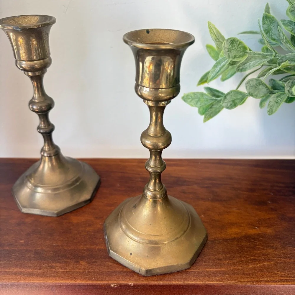 Vintage Solid Brass Candlestick Holders Pair Octagon Base Made in India 6 Inch